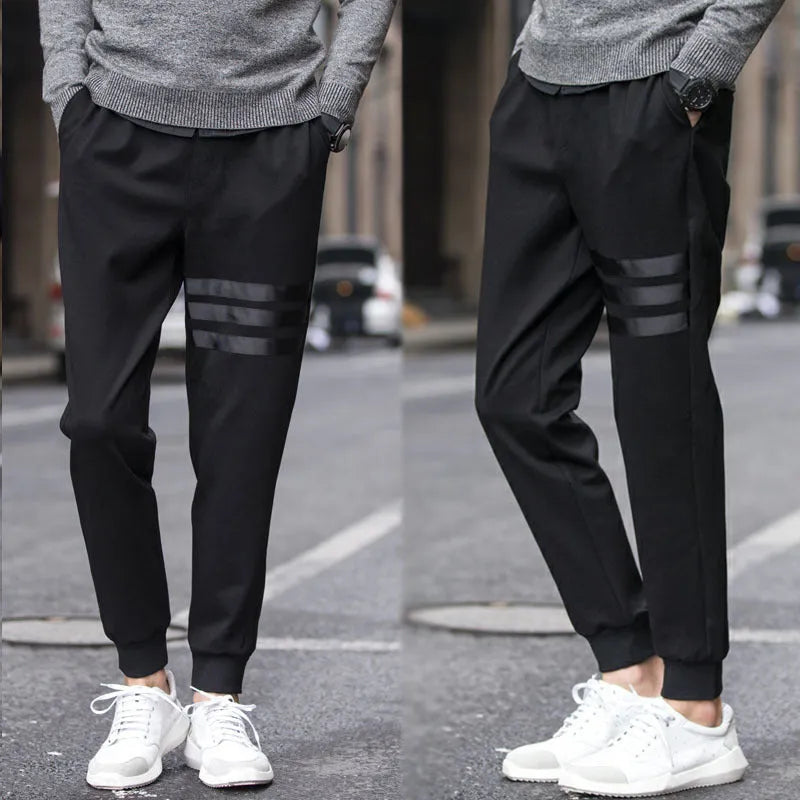 Men's black sweatpants with triple lines, slim fit, drawstring waist, sizes S-5XL