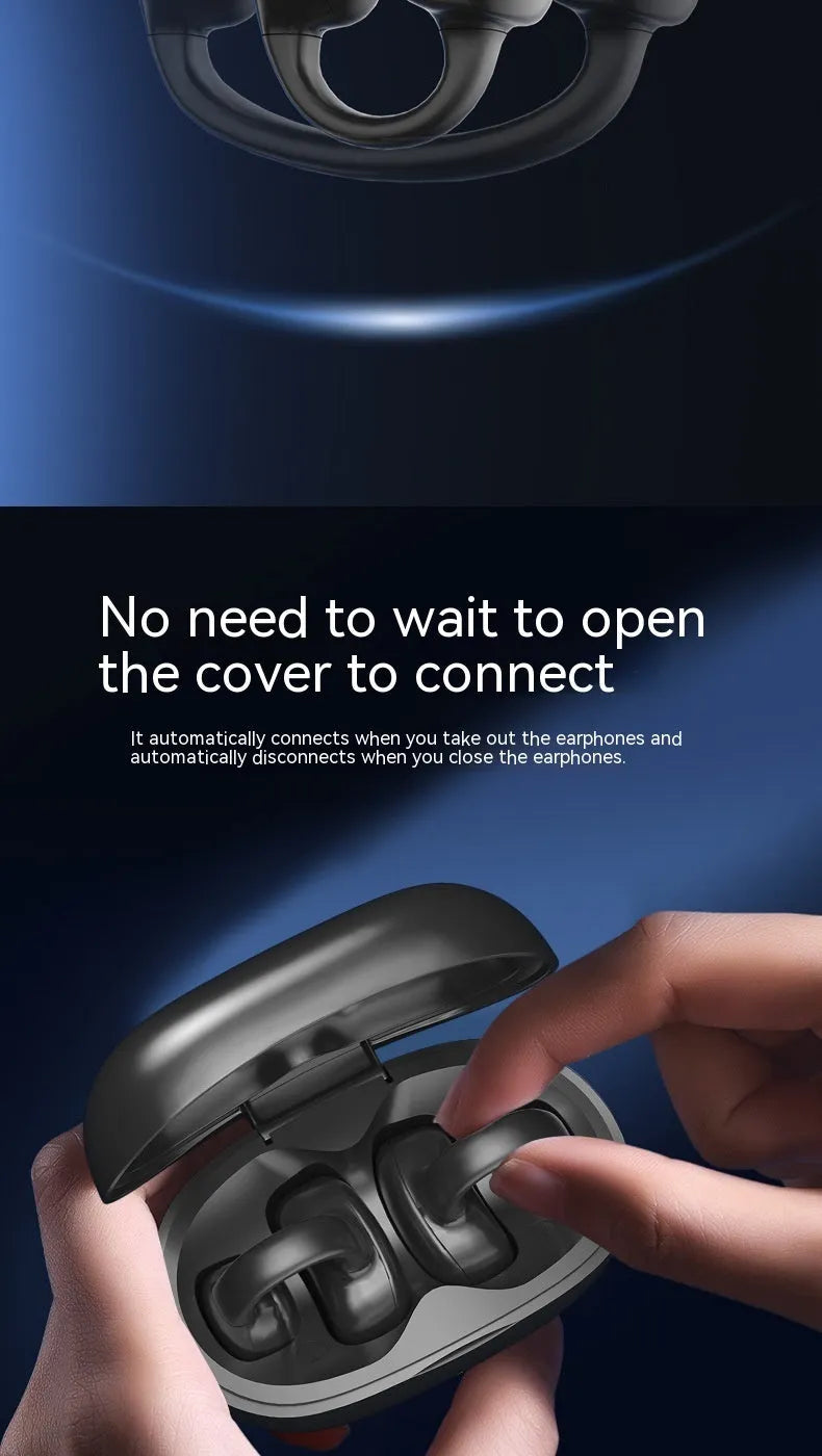 Black true wireless bone conduction sports headset with clip design and charging case
