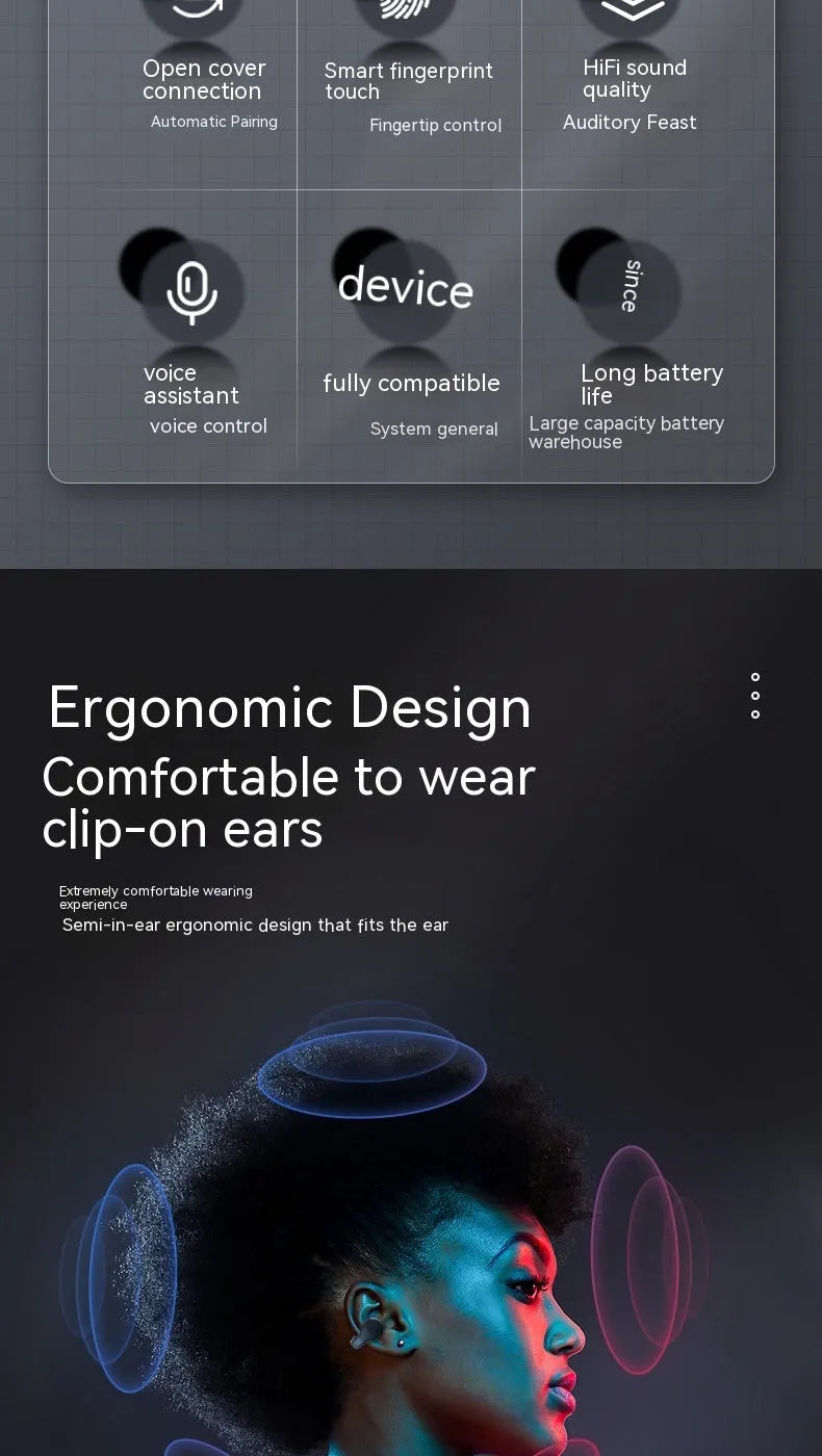 Black true wireless bone conduction sports headset with clip design and charging case