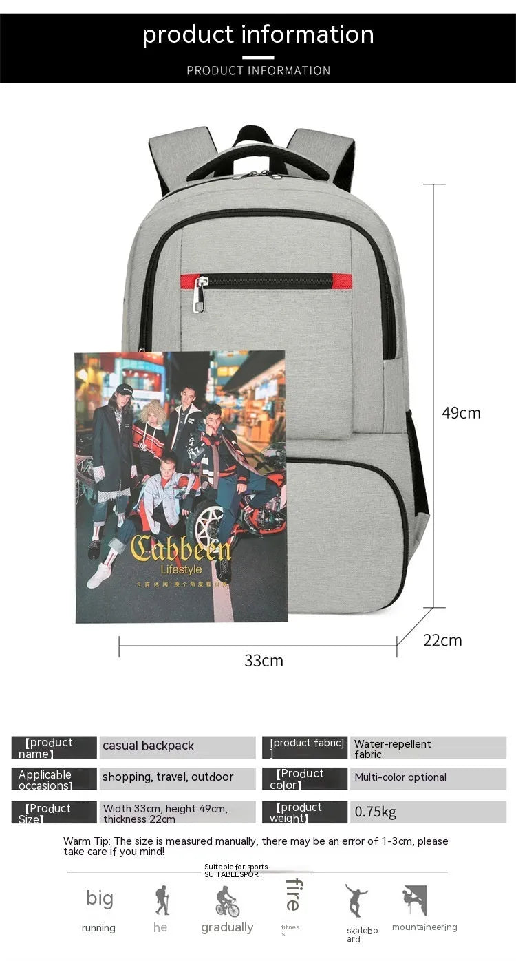 Insulated oxford cloth backpack in light grey showing curved shoulder straps and dry-wet separation compartment.