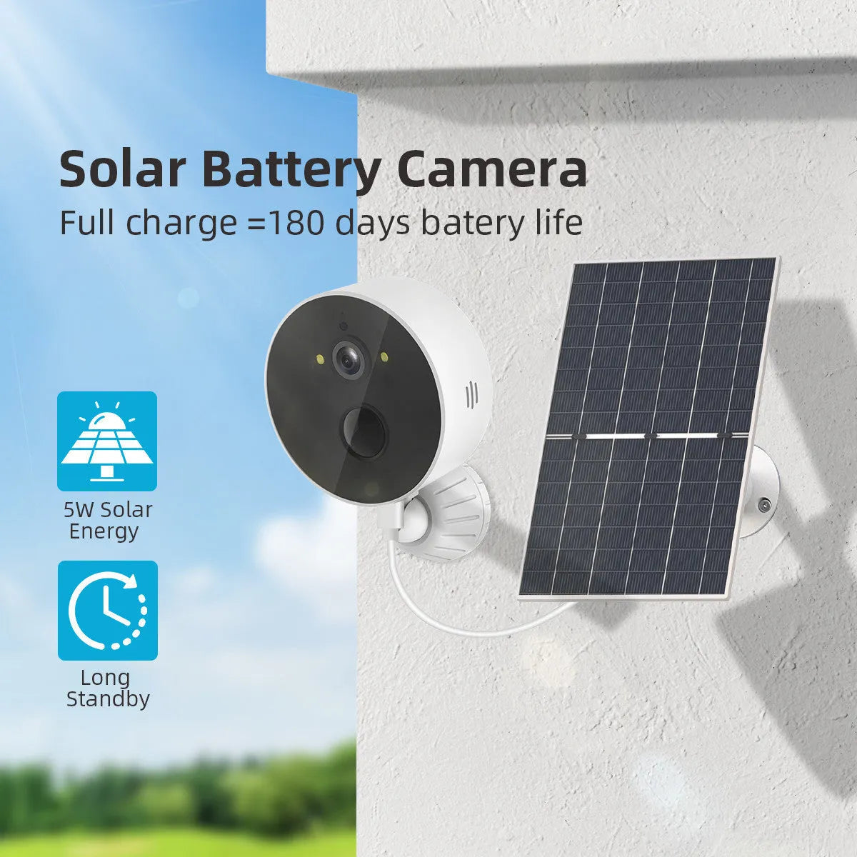 Outdoor solar-powered security camera with attached solar panel on a wall mount