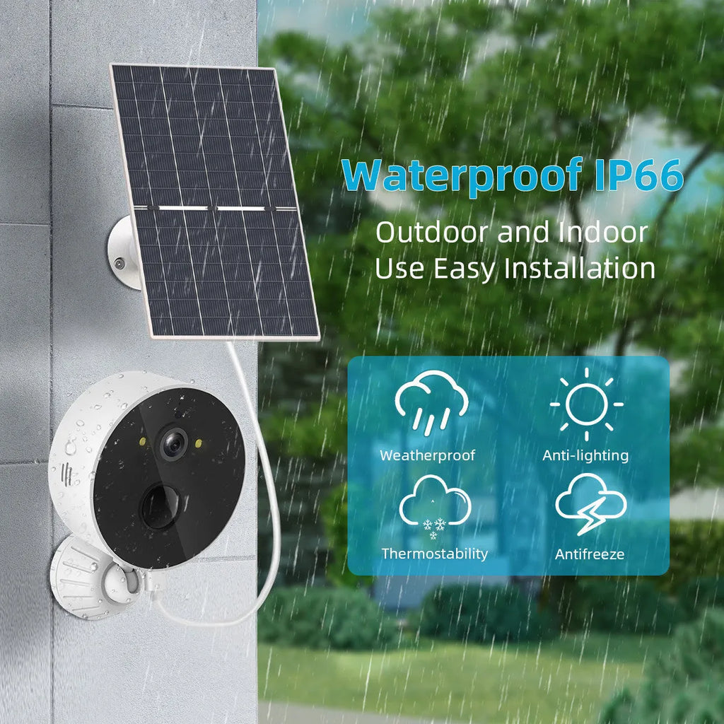 Outdoor solar-powered security camera with attached solar panel on a wall mount