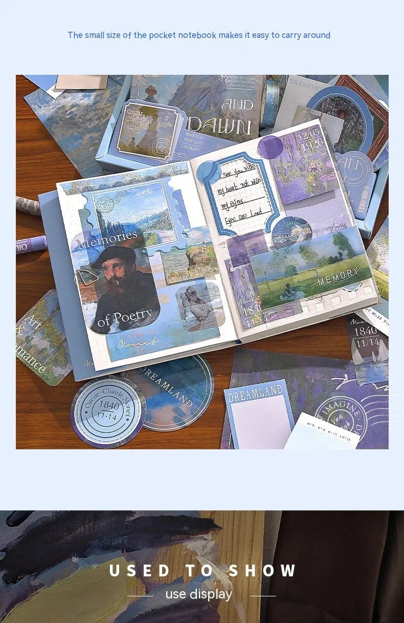 Hand Account Suit creative journal gift box open to show A6 grid notebook, assorted papers, cards, stickers, and a water drop bookmark.