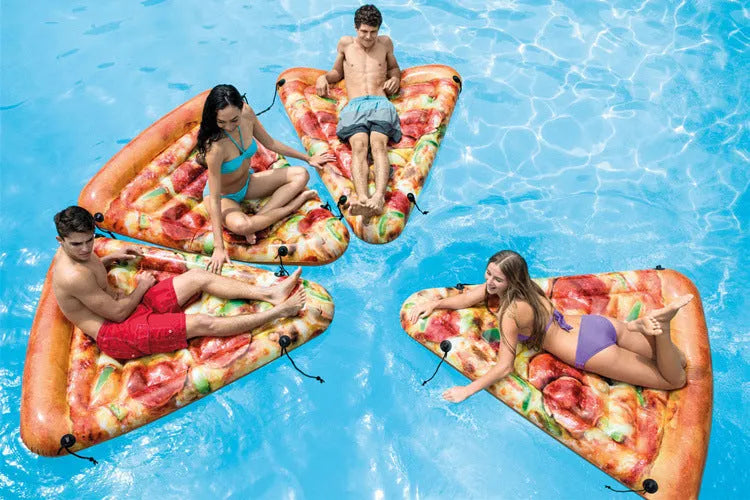 Large inflatable pizza slice surfboard recliner for swimming pool lounging