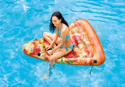 Large inflatable pizza slice surfboard recliner for swimming pool lounging