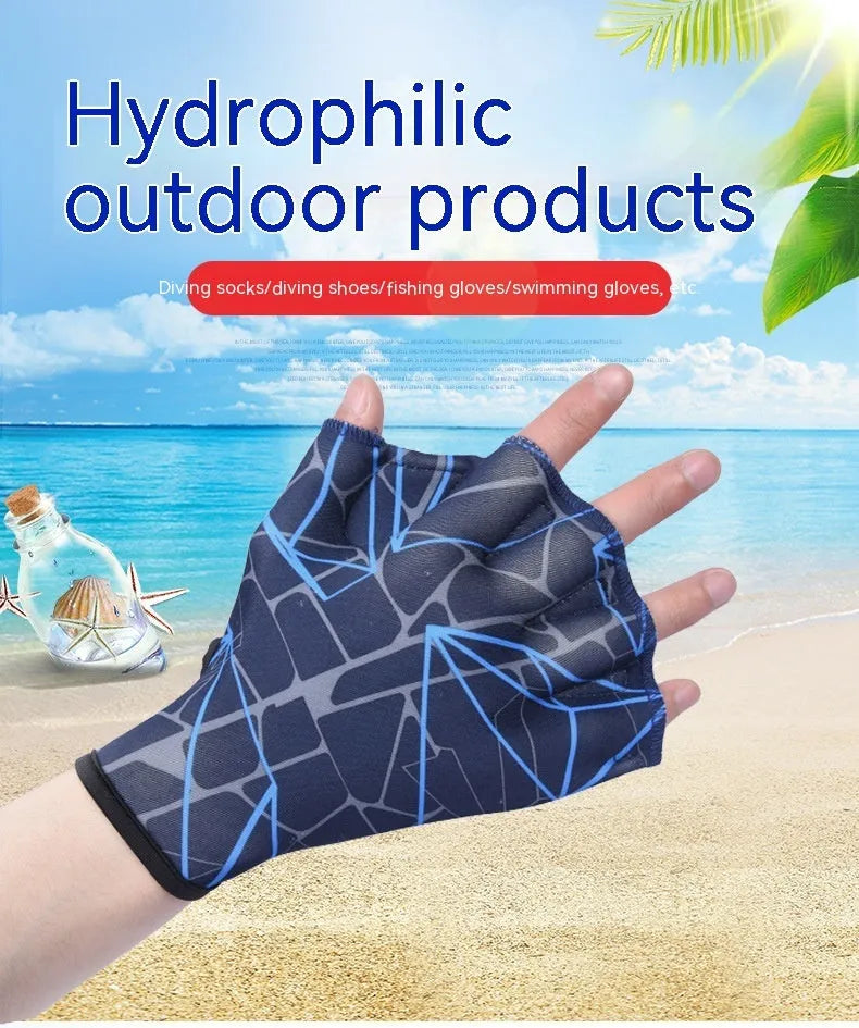 Nylon duck feet webbed swimming gloves in multiple colour prints showing finger webbing design