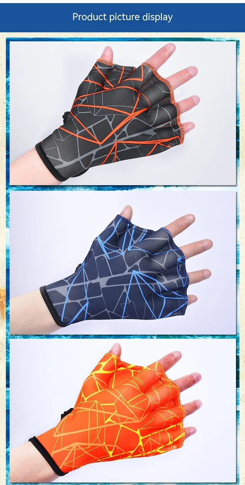 Nylon duck feet webbed swimming gloves in multiple colour prints showing finger webbing design
