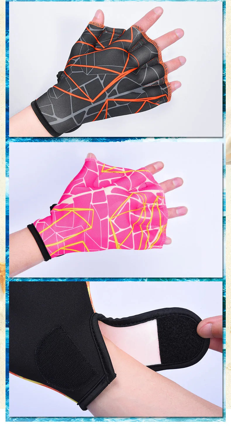 Nylon duck feet webbed swimming gloves in multiple colour prints showing finger webbing design