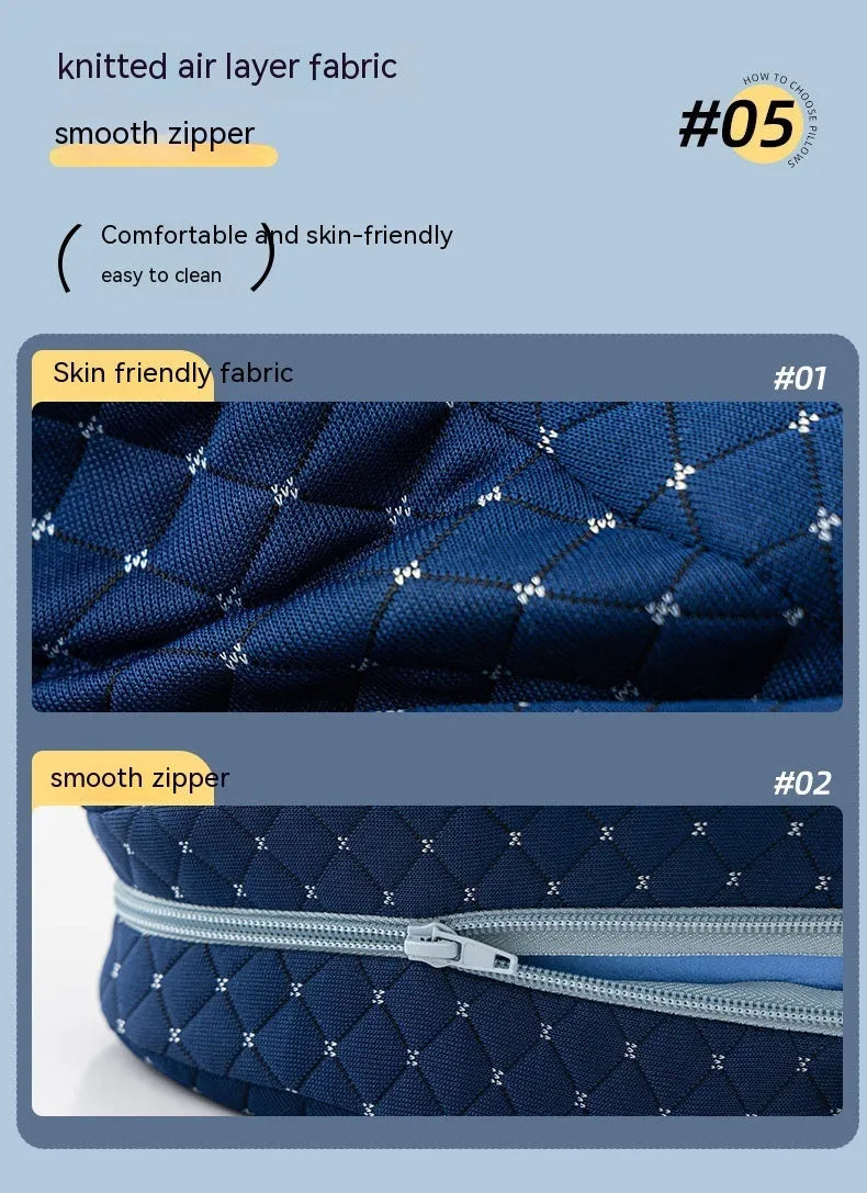 Dark blue jacquard love heart-shaped memory foam leg pillow for knee and hip support.