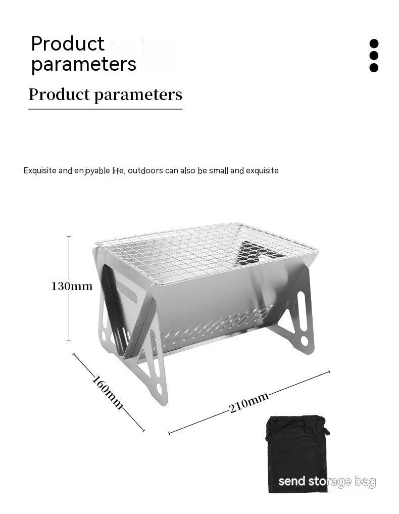 Folding stainless steel outdoor barbecue grill oven with large cooking rack, shown with storage bag.