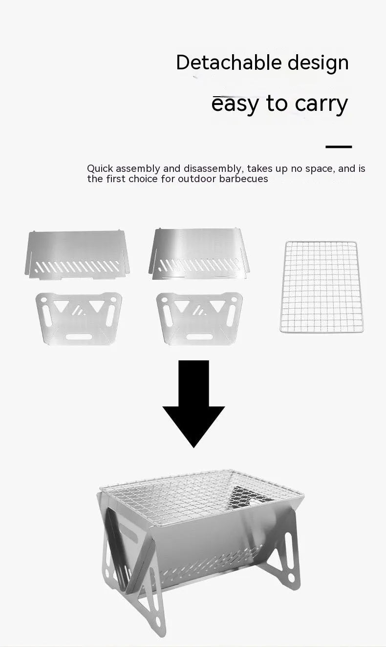 Folding stainless steel outdoor barbecue grill oven with large cooking rack, shown with storage bag.