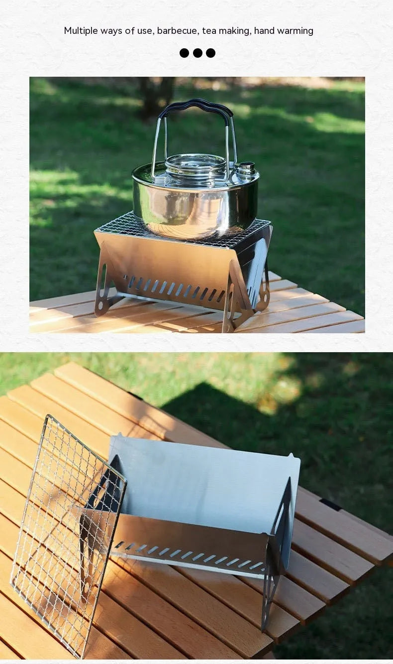 Folding stainless steel outdoor barbecue grill oven with large cooking rack, shown with storage bag.
