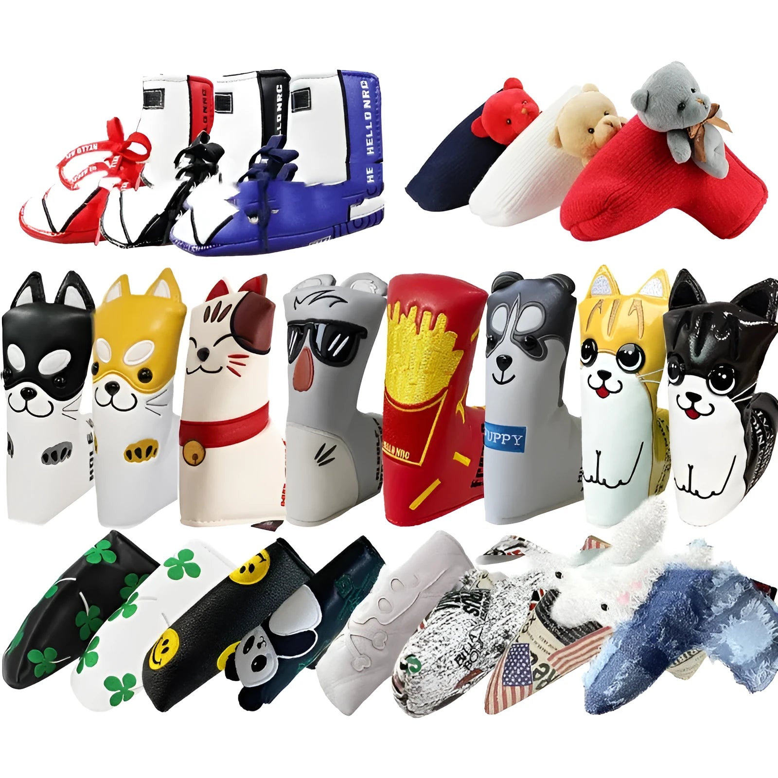 Golf putter sleeve protector in various designs including clover, panda, and sneaker patterns.