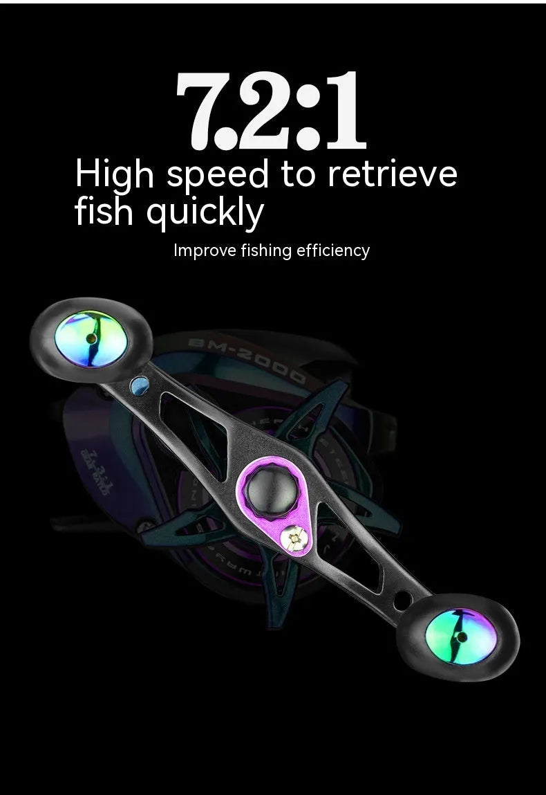 BM2000 water drop shaped fishing reel with magnetic brake, shown for left and right-hand models.