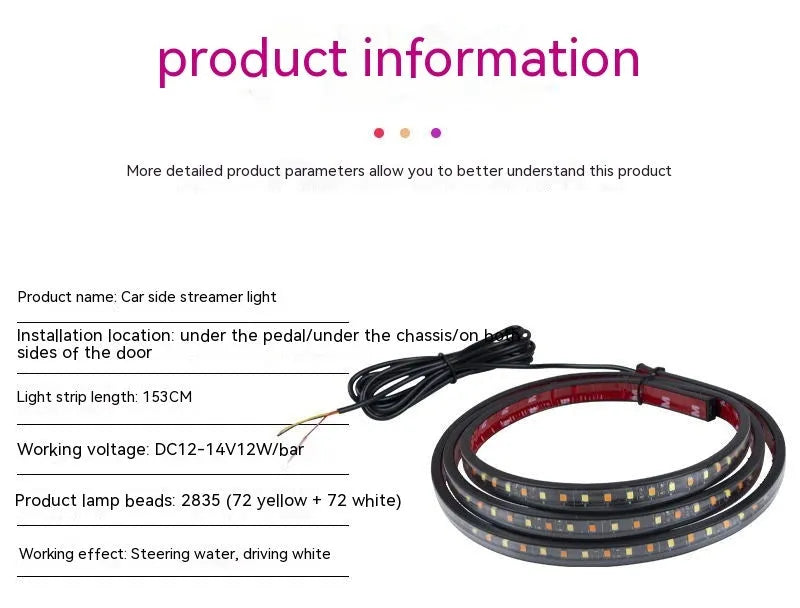 Pair of yellow pedal streamer side light lamps in flexible PVC casing on a dark background