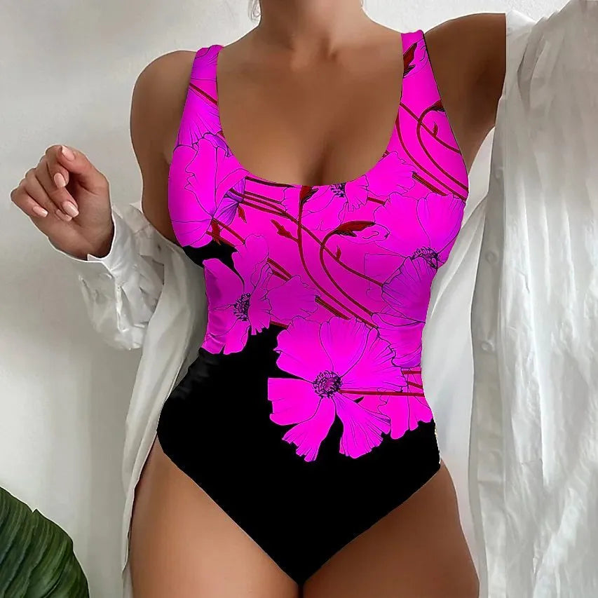 Women's orange red one-piece swimsuit with a 3D printed pattern, made from polyester and spandex.