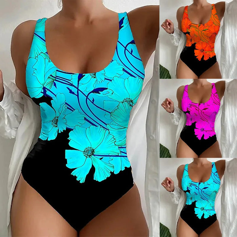 Women's orange red one-piece swimsuit with a 3D printed pattern, made from polyester and spandex.