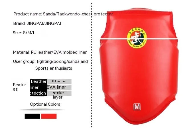 Red boxing helmet and one-piece chest protector set for training and competition