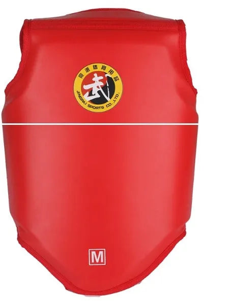 Red boxing helmet and one-piece chest protector set for training and competition