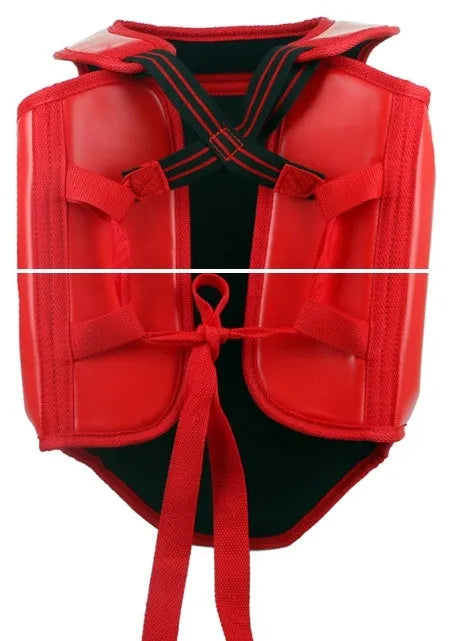 Red boxing helmet and one-piece chest protector set for training and competition