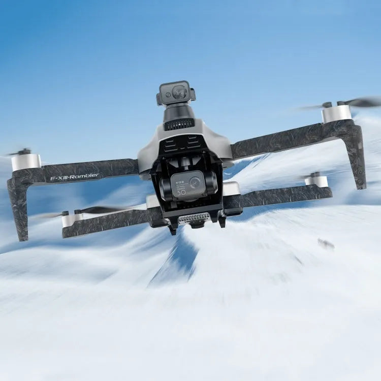 White foldable quadcopter drone with camera and propeller guards on a grey background