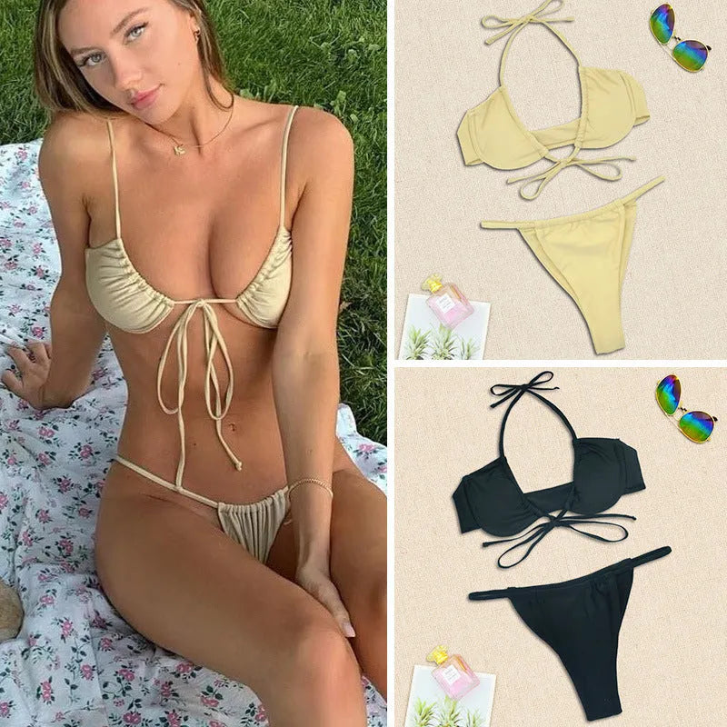 Women's black and mint green nylon bikini swimsuit set showing front and back views