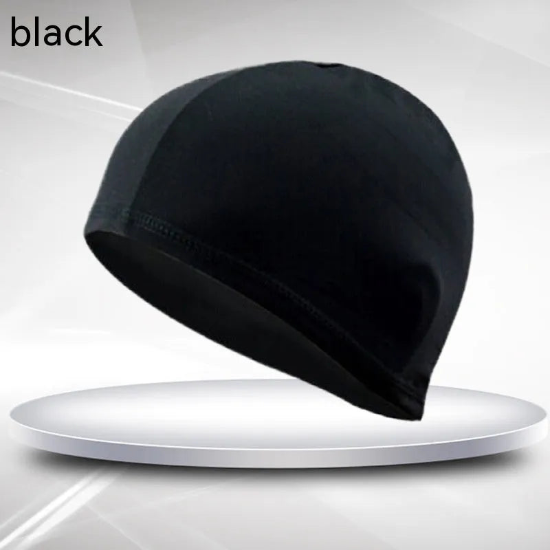 Black polyester cloth swim cap with single line detail for adult swimming