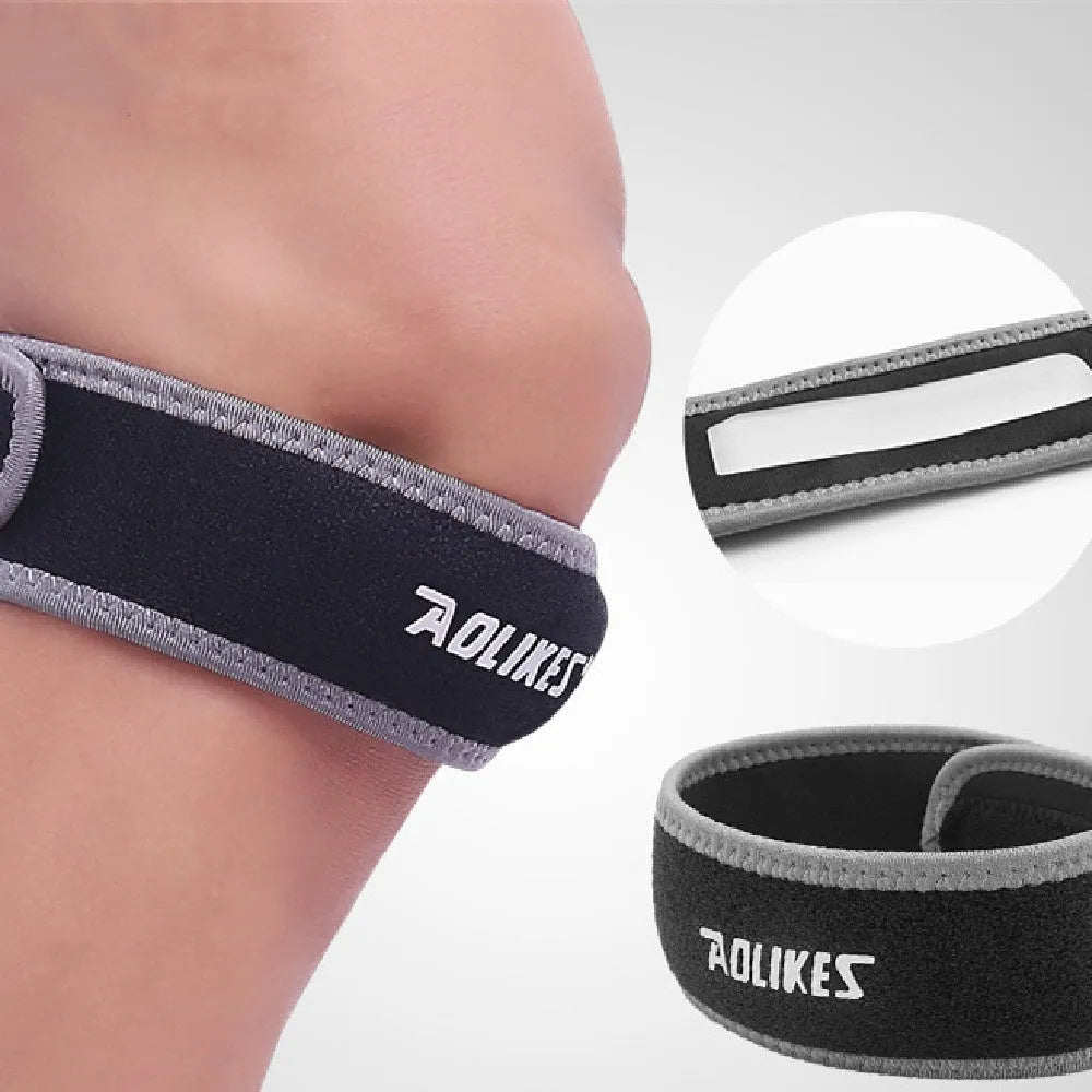 Black and grey patella retinaculum knee support with SBR compression for sports protection