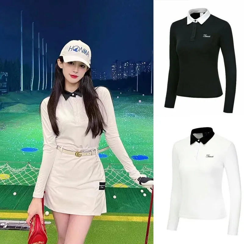 Women's white golf top with long sleeves for sun protection during outdoor activities