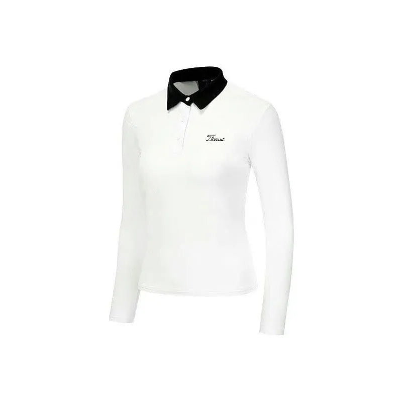 Women's white golf top with long sleeves for sun protection during outdoor activities