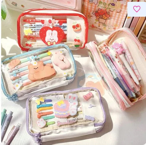 Transparent heart-shaped TPU pen case with Korean-style multicolour decoration in pink cake rabbit design.