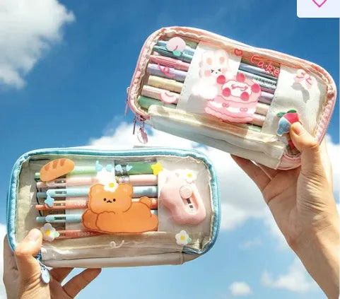 Transparent heart-shaped TPU pen case with Korean-style multicolour decoration in pink cake rabbit design.