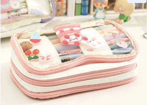 Transparent heart-shaped TPU pen case with Korean-style multicolour decoration in pink cake rabbit design.