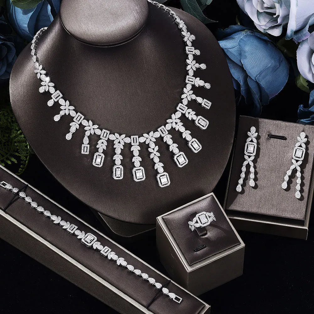White zircon copper jewellery set with necklace, earrings, bracelet, and ring for women