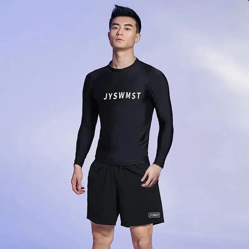 Men's plus size swimming suit set with top and pants in polyester fabric