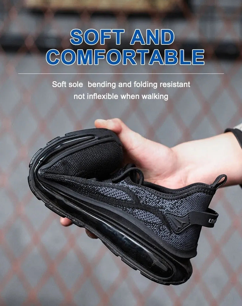 Lightweight breathable steel toe cap safety shoes in Black Gray with fly woven mesh upper and lace closure