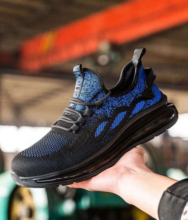 Lightweight breathable steel toe cap safety shoes in Black Gray with fly woven mesh upper and lace closure