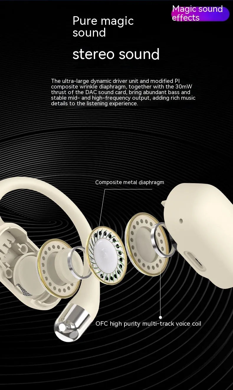 True wireless Bluetooth ear hook headset in black or skin colour with 500mAh battery and V5.4