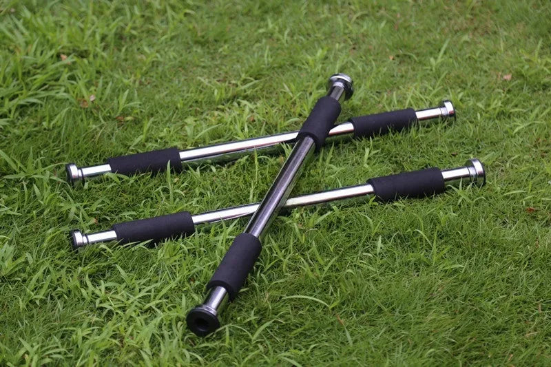 Steel adjustable pull-up bar extended to show 62-100cm length range for door frame mounting