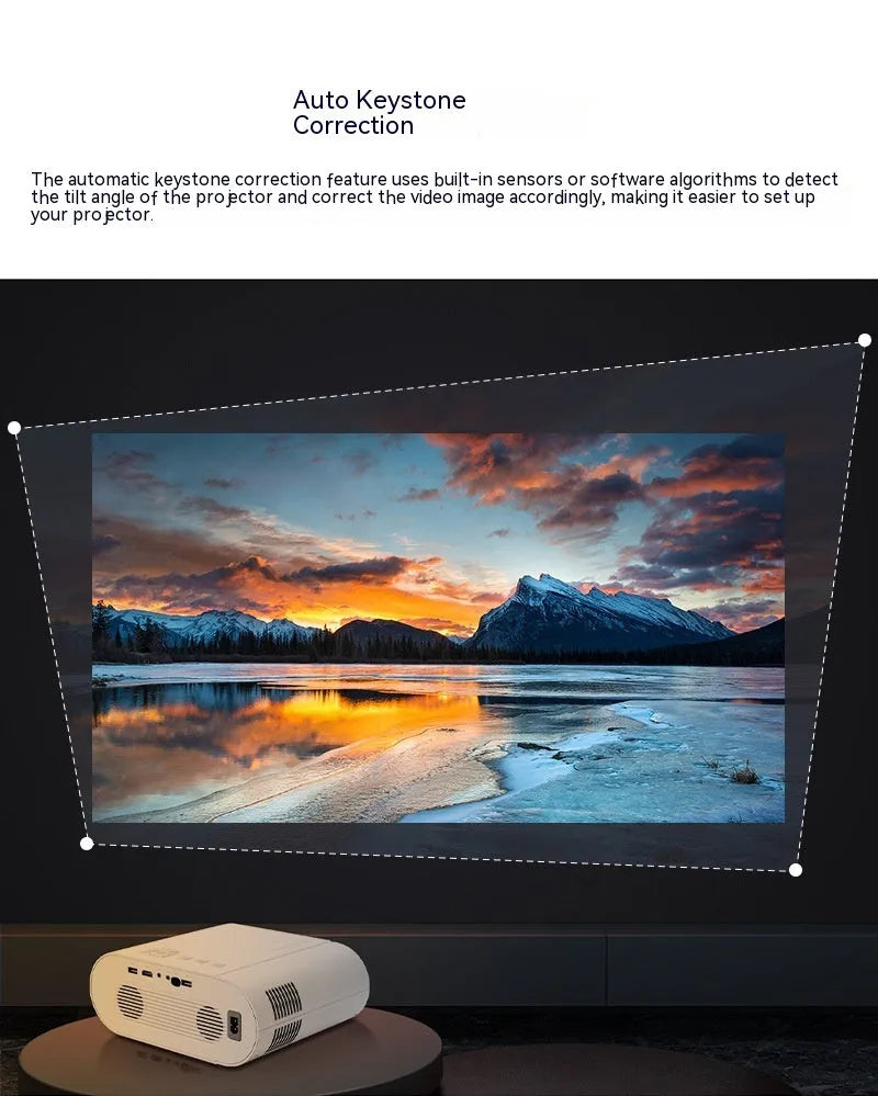 White Full HD smart projector with remote control showing 1080p resolution and Android system