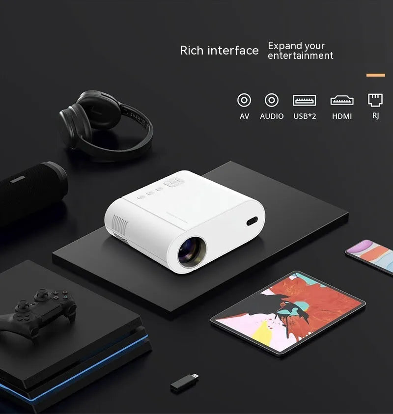 White Full HD smart projector with remote control showing 1080p resolution and Android system
