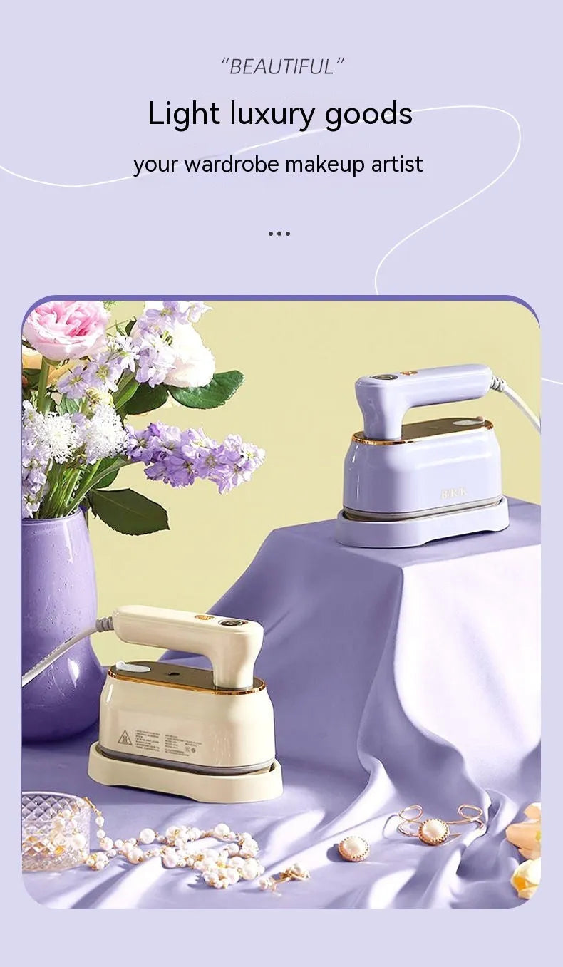 Folding portable steam iron with ceramic soleplate in light purple colour showing compact travel design