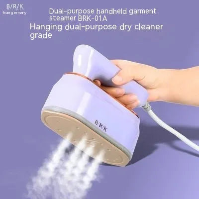 Folding portable steam iron with ceramic soleplate in light purple colour showing compact travel design