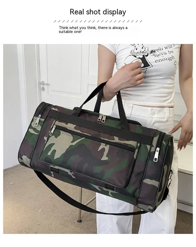 Camouflage coloured waterproof fabric luggage bag with stripe pattern lining.
