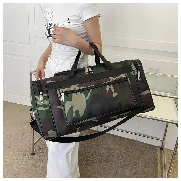 Camouflage coloured waterproof fabric luggage bag with stripe pattern lining.
