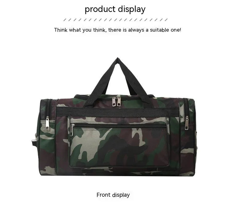 Camouflage coloured waterproof fabric luggage bag with stripe pattern lining.