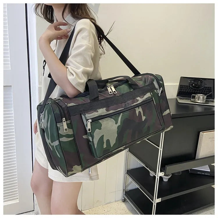 Camouflage coloured waterproof fabric luggage bag with stripe pattern lining.