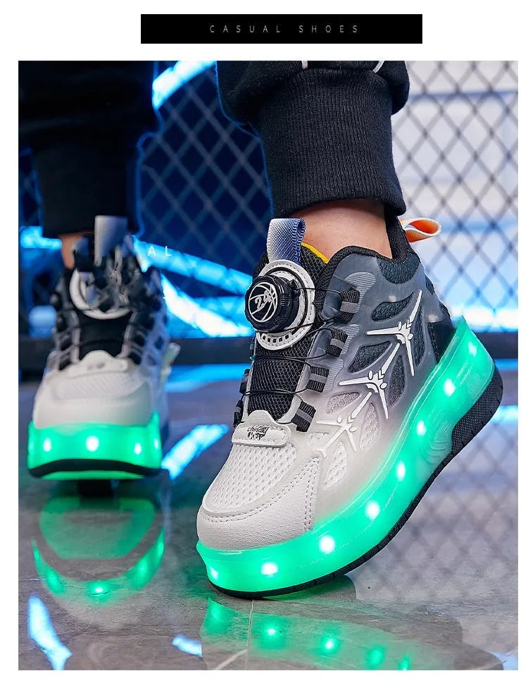 Children's black flash knob roller skating shoes with rotating adjustment mechanism and PVC sole