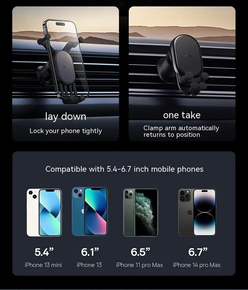 Car phone holder wireless charger with gravity sensor anti-shake design in black on a dashboard