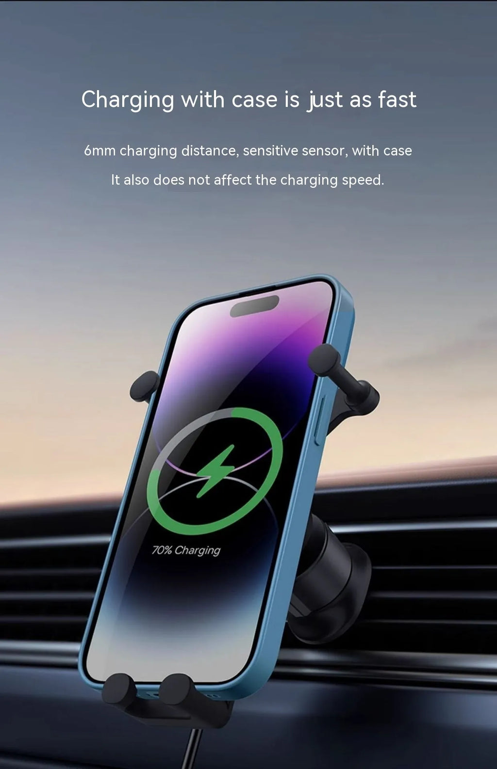 Car phone holder wireless charger with gravity sensor anti-shake design in black on a dashboard